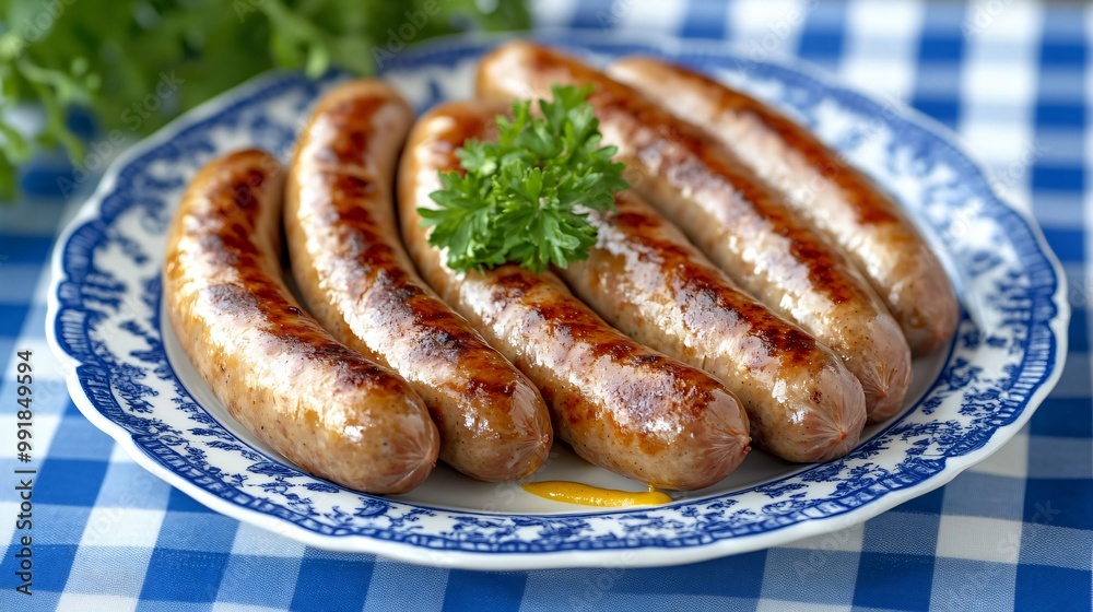 A plate of bratwurst sausages with mustard, placed on a blue and white checkered tablecloth for a festive Oktoberfest vibe A plate of bratwurst sausages with mustard, placed on a blue and white checkered tablecloth for a festive Oktoberfest vibe