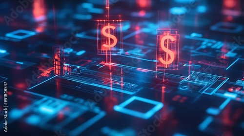 Two glowing dollar signs hover over a digital network, representing financial technology and online transactions.