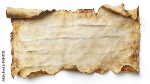 ancient parchment scroll unfurled against white background weathered texture and frayed edges lend authenticity blank surface ready for text overlay perfect for historical or fantasy concepts