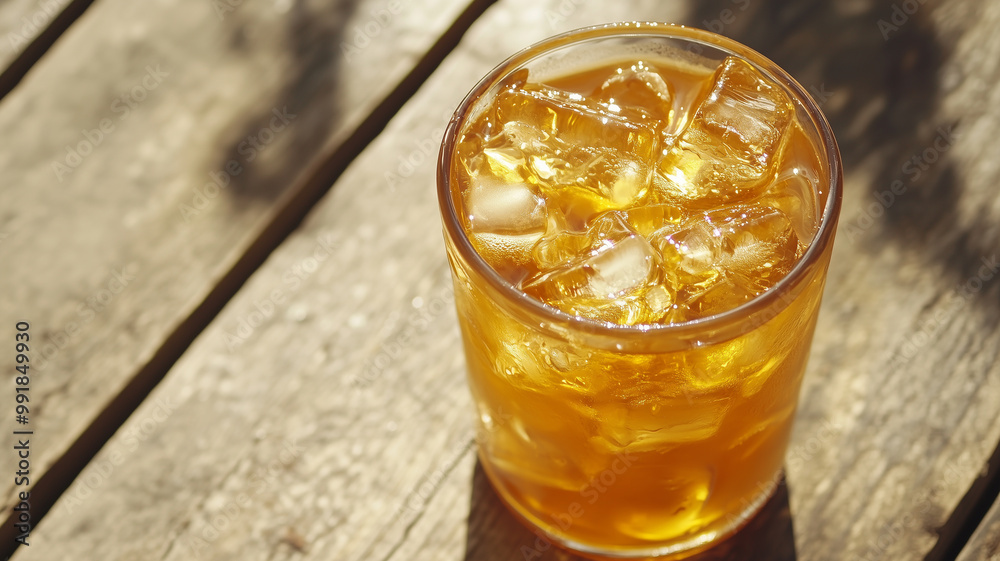 Ice tea in a glass with ice cubes on a sunny summer day. Refreshing drink during a hot summer day. Healthy drink. Home made ice tea. Cold drink.