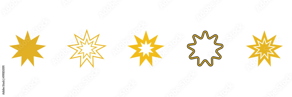 Bahai icon set. nine pointed baha vector symbol. persian star sign in black filled and outlined style. Bahai icon set. nine pointed baha vector symbol. persian star sign in black filled and outlined style.