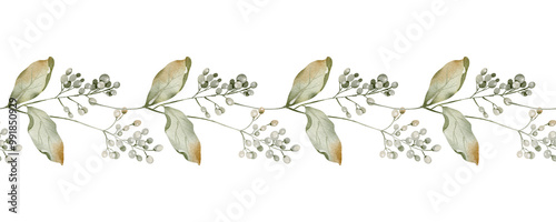 Green Watercolor Seamless Border with Viburnum Autumn Berry. Simple Illustration of herbarium Green Leaves and hawthorn for packaging tea, greeting cards or wedding invitations. Frame for Pattern.