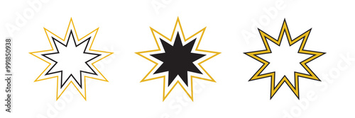 Bahai icon set. nine pointed baha vector symbol. persian star sign in black filled and outlined style.