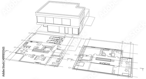 house architectural project sketch 3d illustration 