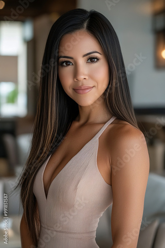 A 35-year-old Mexican woman with long, dark, straight hair, tanned skin and brown eyes