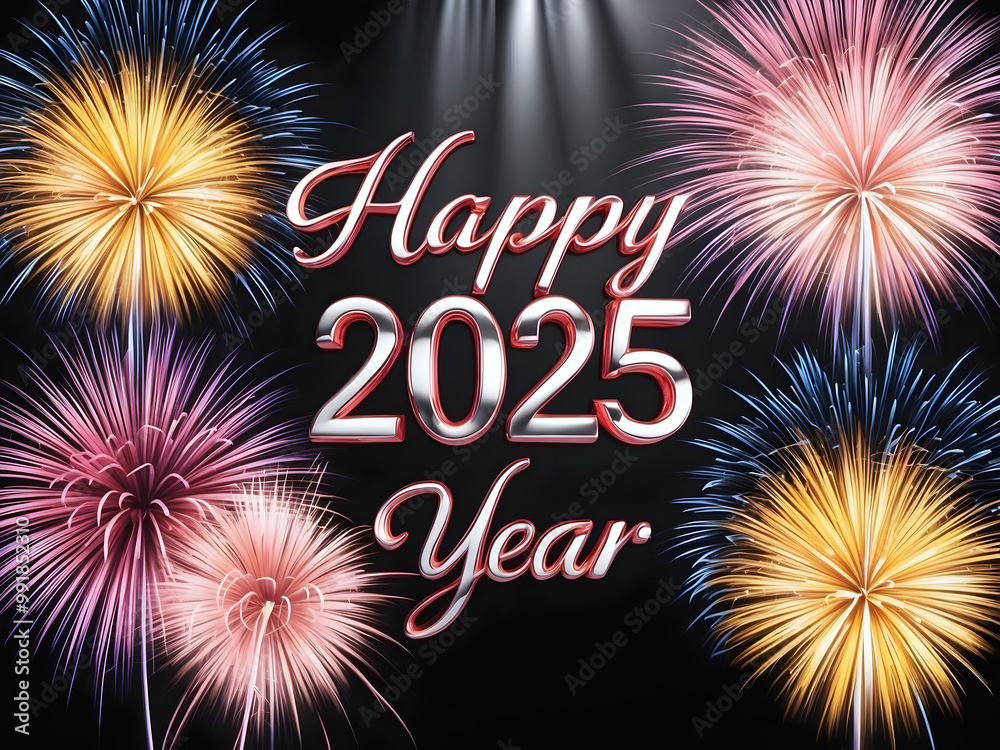 Happy new 2025 year, text on black background with fireworks, colourful festive template, card, design concept, celebration