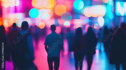 Wallpaper Mural blurred silhouettes of diverse crowd at twilight neon lights casting colorful glow urban nightlife scene dynamic composition dreamy bokeh effect Torontodigital.ca