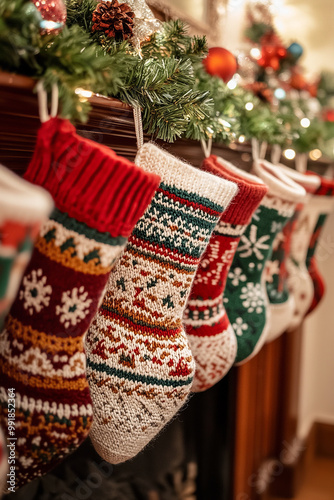 a close-up shot of a fireplace mantle adorned with a row of colorful and festive stockings