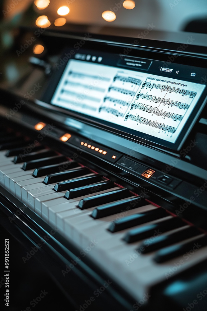 A digital piano with an LED screen, displaying sheet music and playing guides for various song genres A digital piano with an LED screen, displaying sheet music and playing guides for various song genres