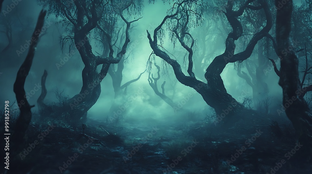 Obraz premium Twisted trees stand in a foggy, moonlit forest.