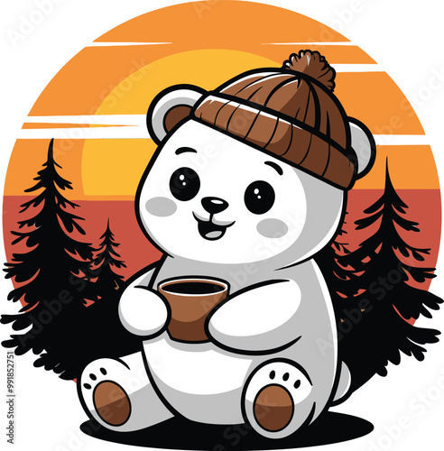 a polar bear with a cup of tea and a picture of a bear with a hat on.