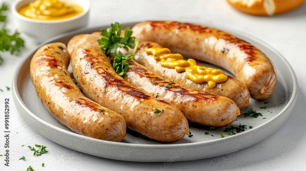 A plate of weisswurst sausages with mustard and a pretzel, isolated on a soft grey background for a modern, minimalist Oktoberfest vibe A plate of weisswurst sausages with mustard and a pretzel, isolated on a soft grey background for a modern, minimalist Oktoberfest vibe