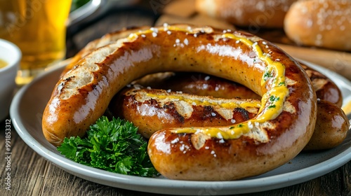 A plate of weisswurst sausages with pretzel and mustard, set against a soft wooden table background in a beer tent photo