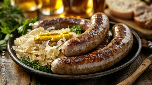 A platter of bratwurst sausages with mustard and sauerkraut, placed on a warm-toned wooden table background in a bustling beer hall photo