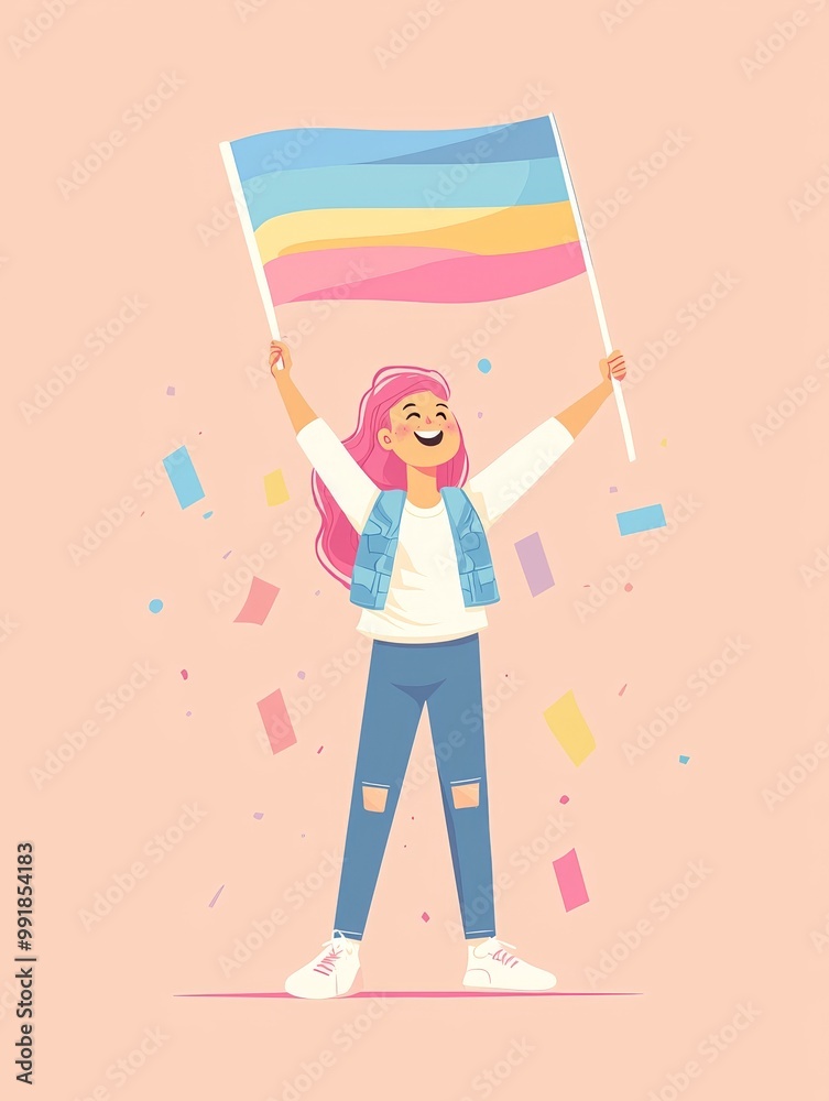 Young girl with pink hair joyfully waving a pride flag, celebrating inclusivity and love. Young girl with pink hair joyfully waving a pride flag, celebrating inclusivity and love.