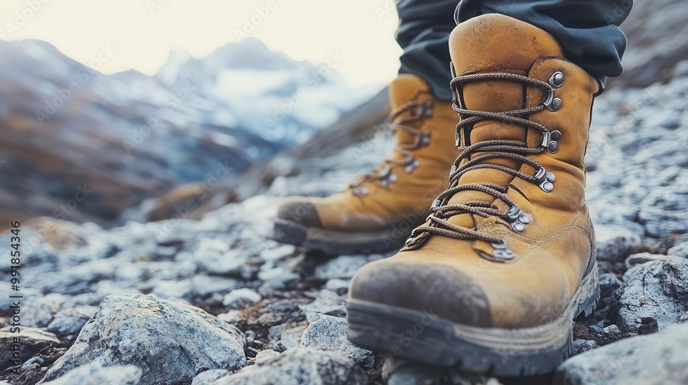 closeup of rugged hiking boots on rocky mountain trail blurred alpine landscape in background focus on worn leather and sturdy laces adventure and exploration concept closeup of rugged hiking boots on rocky mountain trail blurred alpine landscape in background focus on worn leather and sturdy laces adventure and exploration concept