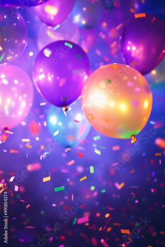 A vibrant party background filled with colorful lights, confetti, balloons, and festive decorations