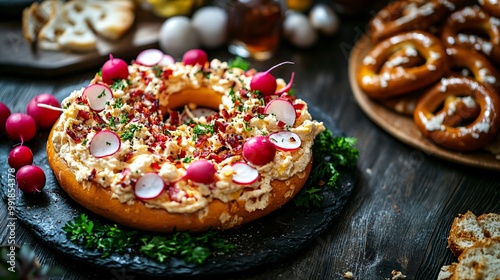 A platter of obatzda cheese spread with radishes and pretzel, placed on a dark wooden table for a classic Oktoberfest snack scene photo