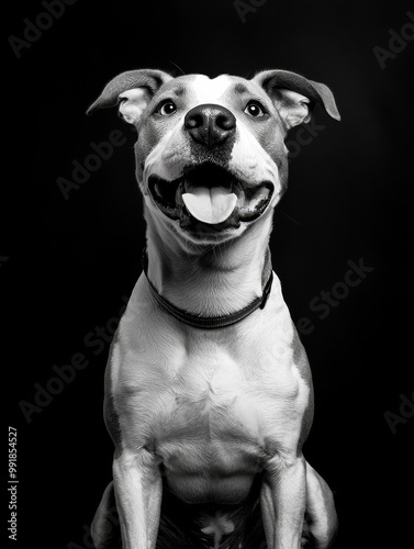 A joyful mixed-breed dog, showcasing a big grin with its tongue out against a black background.