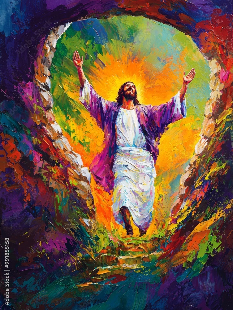 Obraz premium A vibrant and colorful depiction of a resurrected figure with arms raised, symbolizing hope and renewal.
