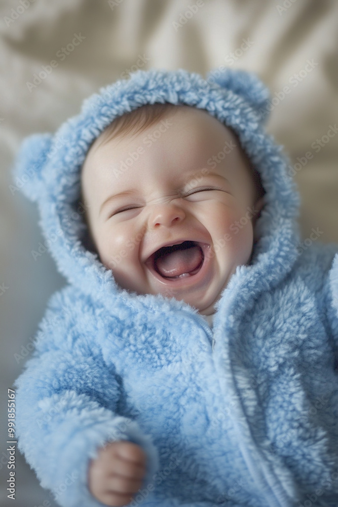 An adorable image capturing a baby's genuine joy. This beautiful baby, adorned in a fuzzy, soft blue onesie An adorable image capturing a baby's genuine joy. This beautiful baby, adorned in a fuzzy, soft blue onesie