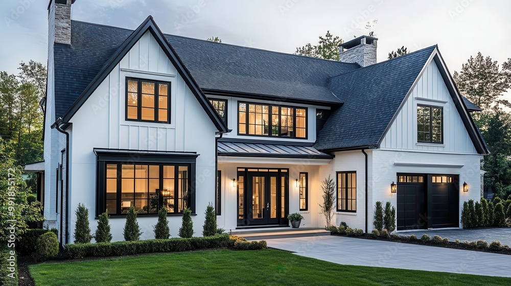 contemporary farmhouse exterior featuring crisp white siding dark shingled roof and striking black window frames embodying modern rustic charm contemporary farmhouse exterior featuring crisp white siding dark shingled roof and striking black window frames embodying modern rustic charm