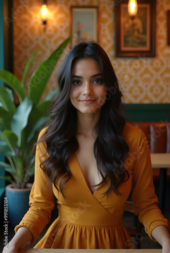 Indian Woman in a Restaurant with Warm Ambiance