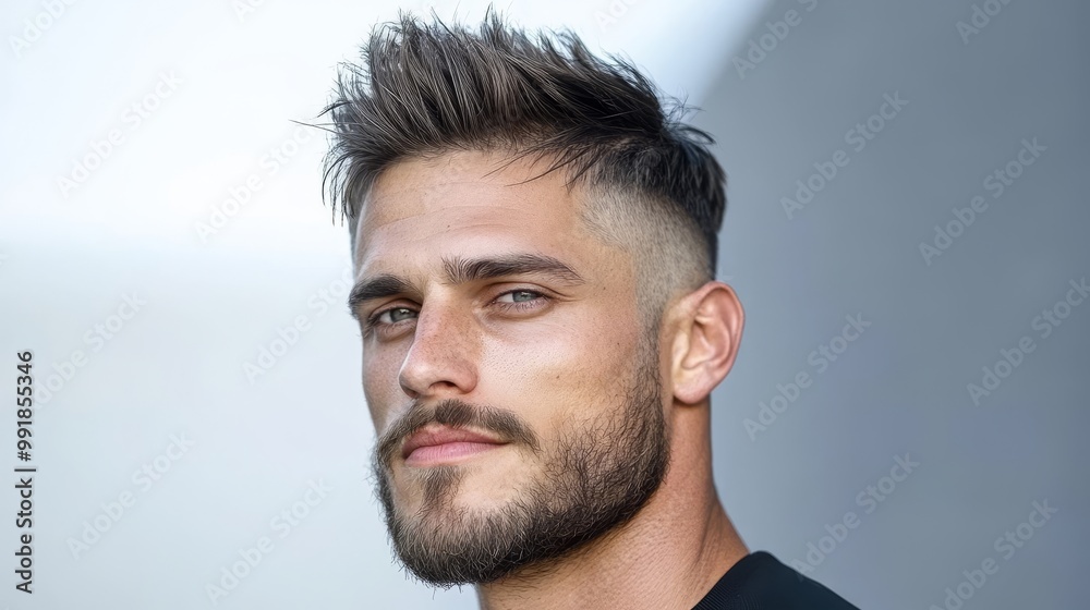 Stylish Man with Modern Haircut and Beard Close-Up Stylish Man with Modern Haircut and Beard Close-Up