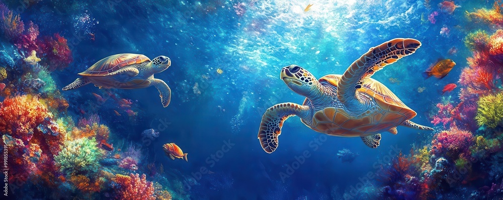 Graceful sea turtles gliding through a kaleidoscope of colorful marine life Graceful sea turtles gliding through a kaleidoscope of colorful marine life
