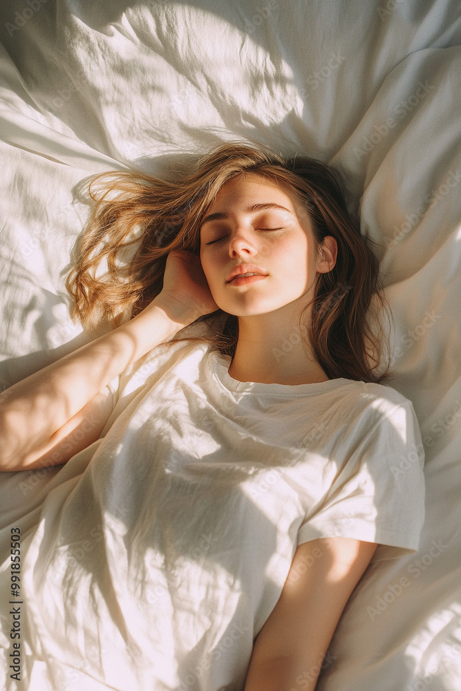 an average woman peacfully asleep on a bed with cinematic lighting and white background, accurate face and hands an average woman peacfully asleep on a bed with cinematic lighting and white background, accurate face and hands
