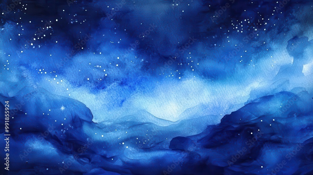 Naklejka premium cosmic watercolor dreamscape swirling nebulas and twinkling stars in deep indigo sky fluid brush strokes otherworldly celestial beauty