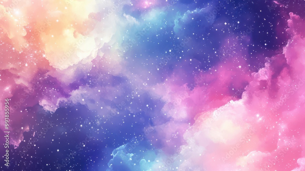 cosmic watercolor nebula swirling galaxies iridescent star clusters dreamy pastel hues blending into deep space background