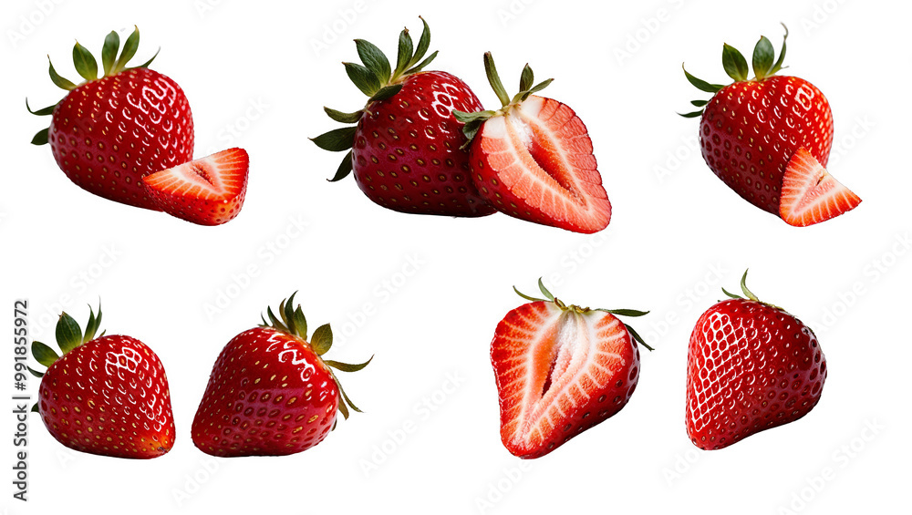 A fresh strawberry captured from multiple perspectives on a white background A fresh strawberry captured from multiple perspectives on a white background