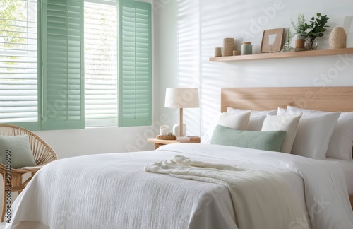 A cozy, modern bedroom with natural elements and light pastel colors in a stylish home setting