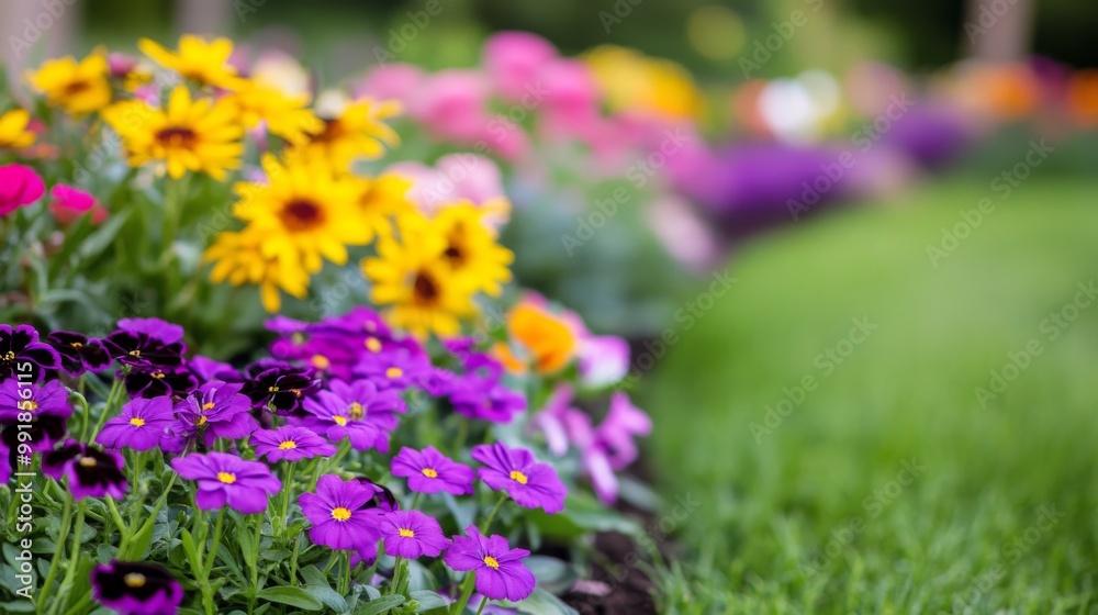 Obraz premium Vibrant garden blooms with purple and yellow flowers in a sunny outdoor setting during spring