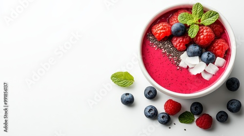 Berrylicious Breakfast Bowl: A vibrant and healthy breakfast bowl bursting with color and flavor, featuring a creamy pink smoothie base topped with fresh raspberries, blueberries, chia seeds.