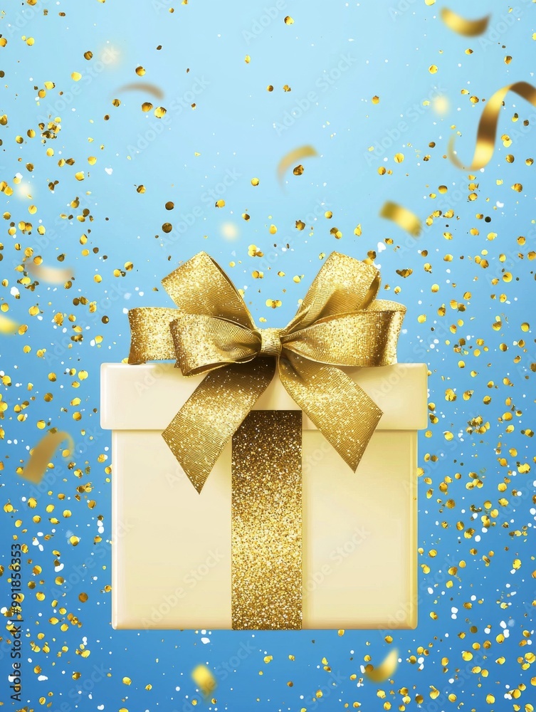 A beautifully wrapped gift box with a gold ribbon, surrounded by shimmering golden confetti on a blue background. A beautifully wrapped gift box with a gold ribbon, surrounded by shimmering golden confetti on a blue background.