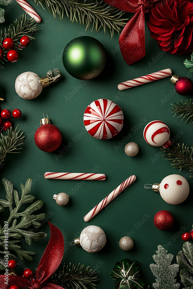 Christmas lay out, red, green and white colors Christmas lay out, red, green and white colors
