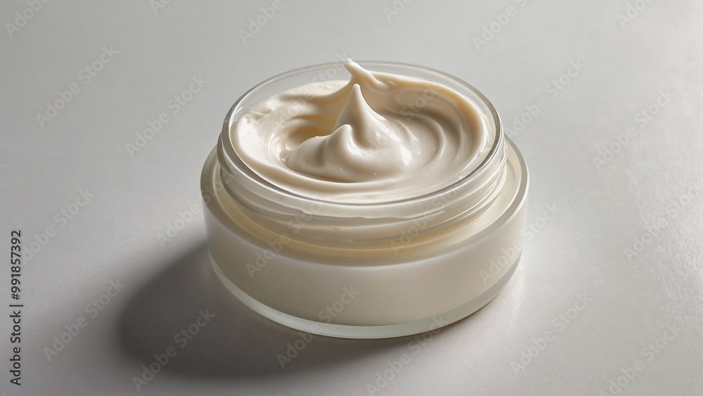 Close-up of a dollop of moisturizing cream in a glass jar on a smooth white background mockup Close-up of a dollop of moisturizing cream in a glass jar on a smooth white background mockup