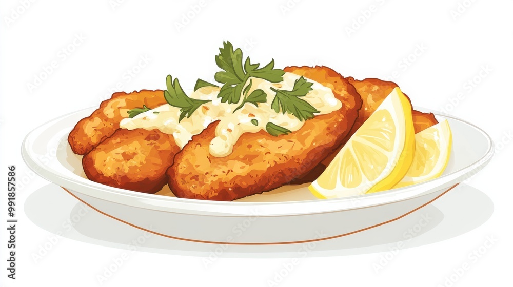 A plate of pork schnitzel with lemon wedges, flat color illustration A plate of pork schnitzel with lemon wedges, flat color illustration