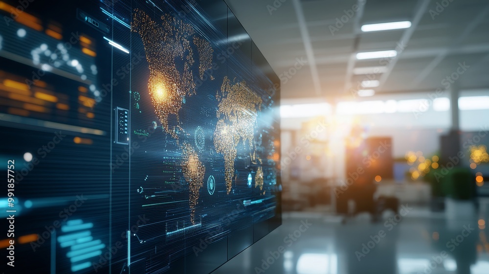 Digital World Map Visualization in Modern Office Space