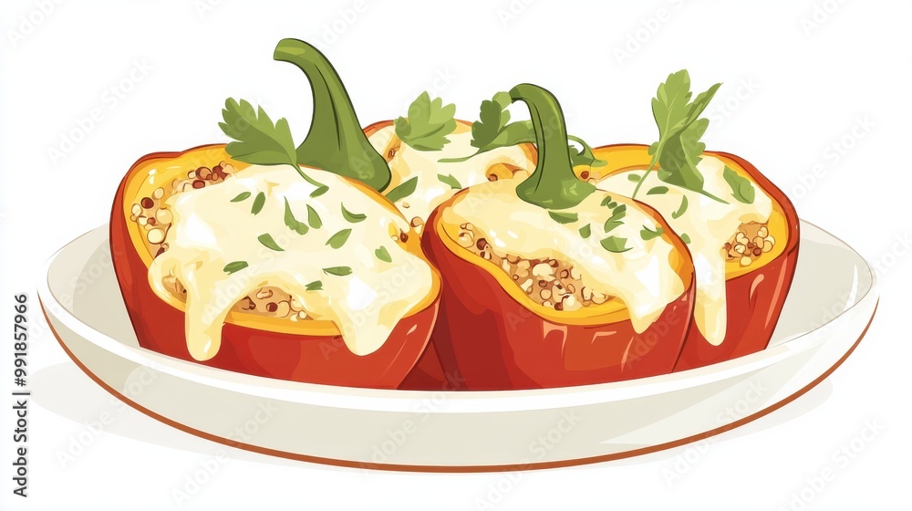 A plate of quinoa-stuffed bell peppers with melted cheese, flat color illustration A plate of quinoa-stuffed bell peppers with melted cheese, flat color illustration