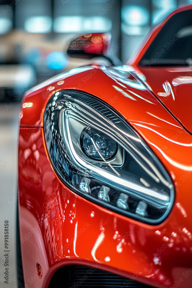 close up shot of red sports car headlight, showroom background close up shot of red sports car headlight, showroom background
