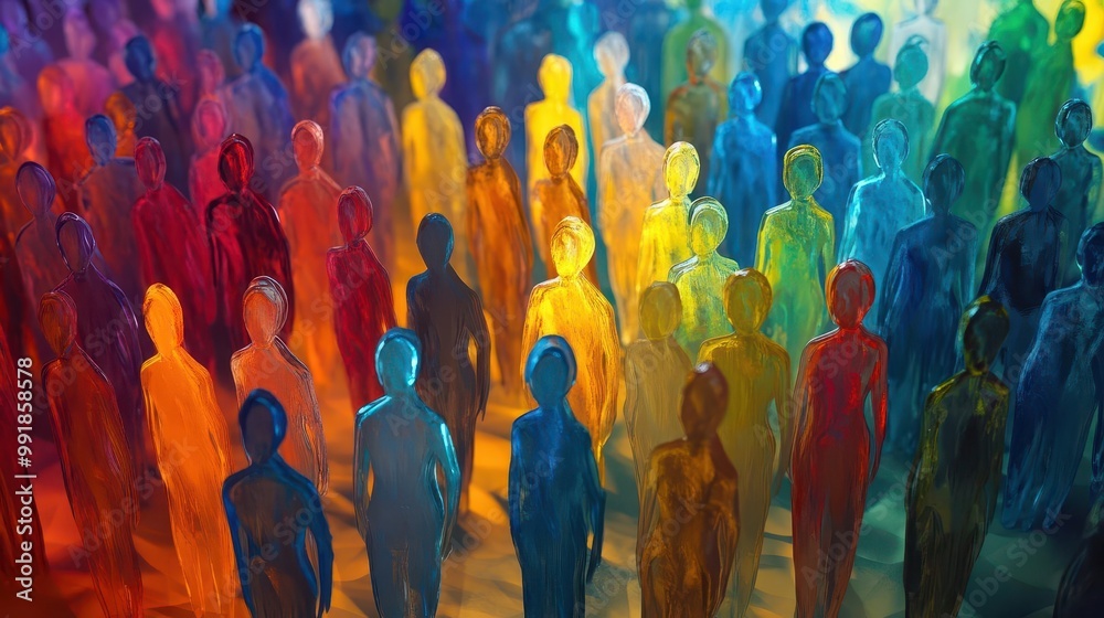 Naklejka premium diverse crowd of stylized human figures in motion overlapping and merging abstract representation of unity and community in vibrant contrasting colors