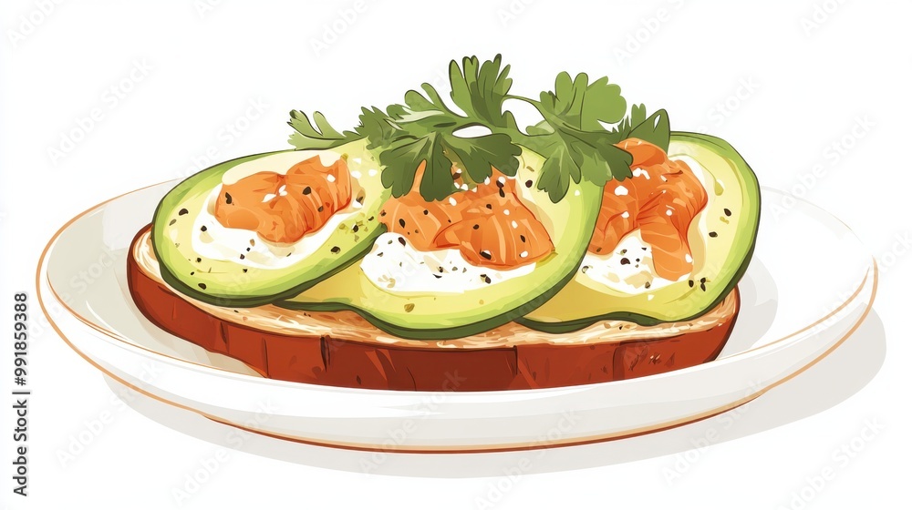 A plate of smoked salmon and avocado toast, flat color illustration A plate of smoked salmon and avocado toast, flat color illustration