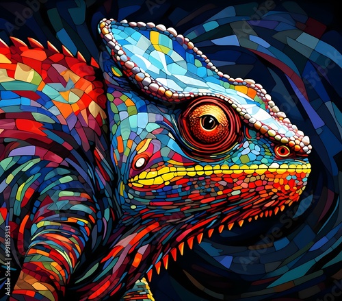 an abstract drawing of a away view for Chameleon with colorful line with mixed pattern colorful background