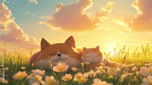 A lovable, portly dog and a cute round cat napping together in a picturesque meadow as