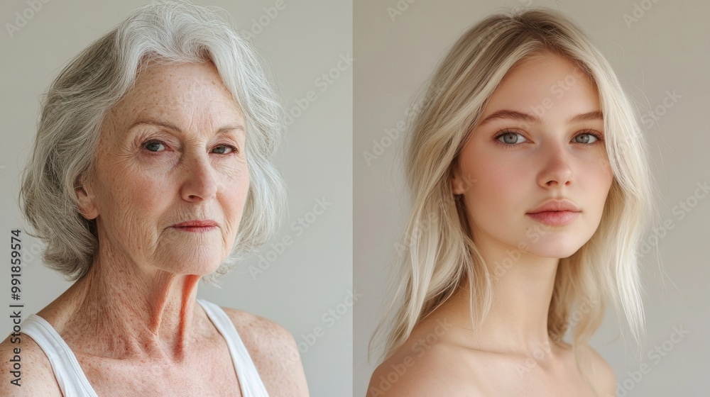 A split-screen comparison of an older woman and a young woman showcasing natural beauty A split-screen comparison of an older woman and a young woman showcasing natural beauty