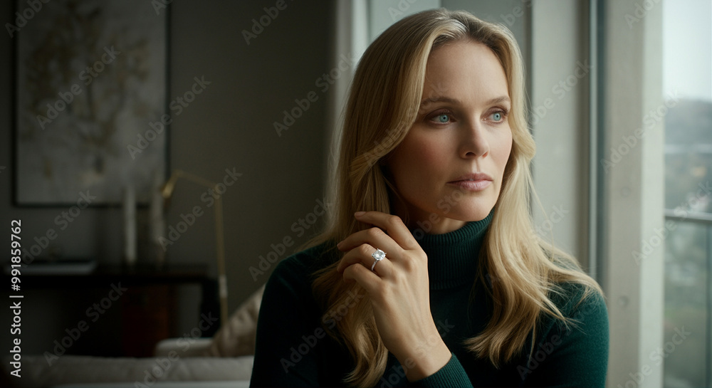 Woman in contemplation looking through window elegant style peaceful ambiance Woman in contemplation looking through window elegant style peaceful ambiance