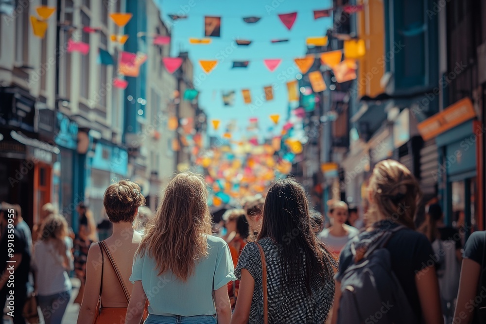 Obraz premium Vibrant street festival with colorful flags and lively crowd enjoying a sunny day. People walking together, celebrating a festive atmosphere.